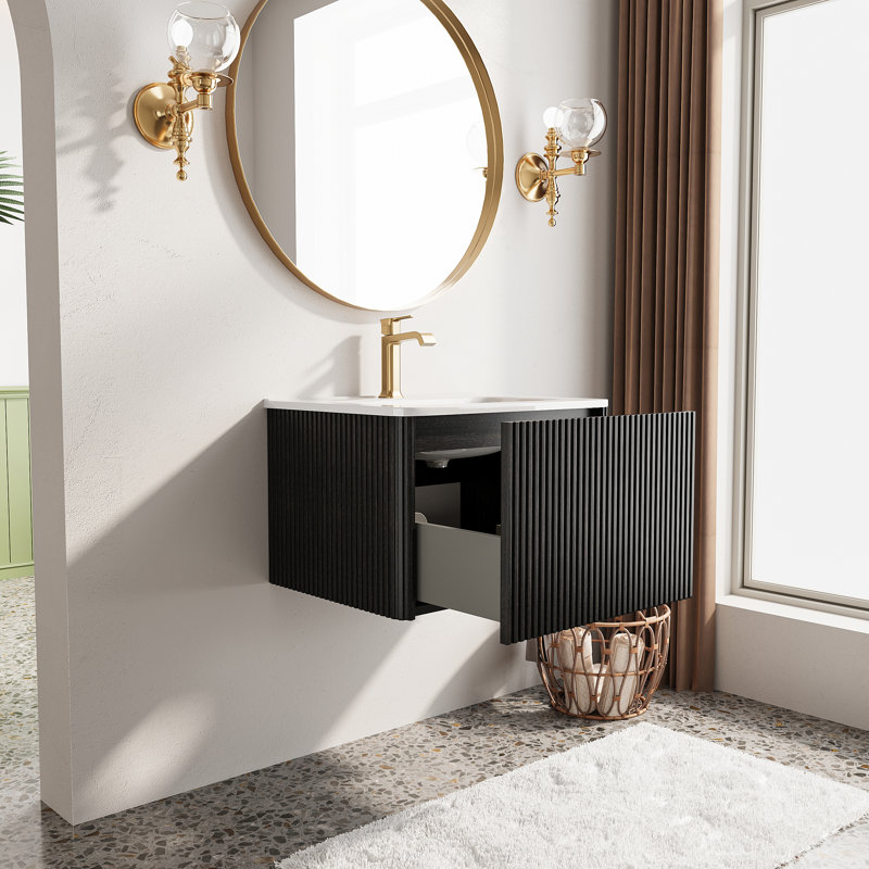 Wall Mounted & Floating Bathroom Vanity With Ceramic Sink, Black, 24"