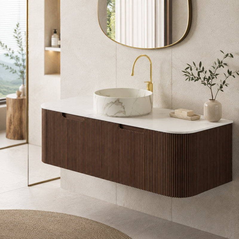 Meuble-lavabo flottant 48 po avec lavabo vasque rond en céramique ORVICA, plateau en pierre frittée d'aspect Carrare, armoire à 2 tiroirs cannelée et rangement à fermeture en douceur