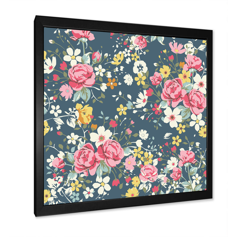 Roses rétro et jaune sur bleu marine - Impression sur toile, H 30 po x l 30 po, Cadre noir