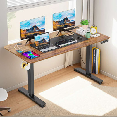 Kashif 55'' Electric Height Adjustable Standing Desk With 2 USB Ports, 3 Power Outlets, and 4 Casters, 2 Hooks, Big Mouse Pad