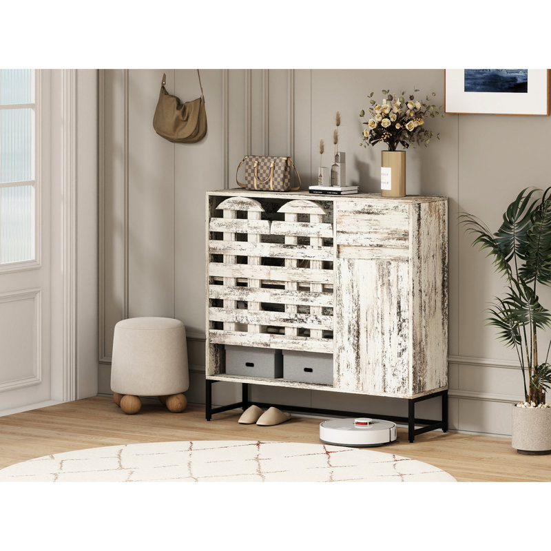Console de bar rustique vintage de 113 cm avec portes et tiroir pour salon, cuisine - Meuble de rangement pour ustensiles de cuisine, étagères ouvertes pour chambre, blanc vieilli, grande durabilité