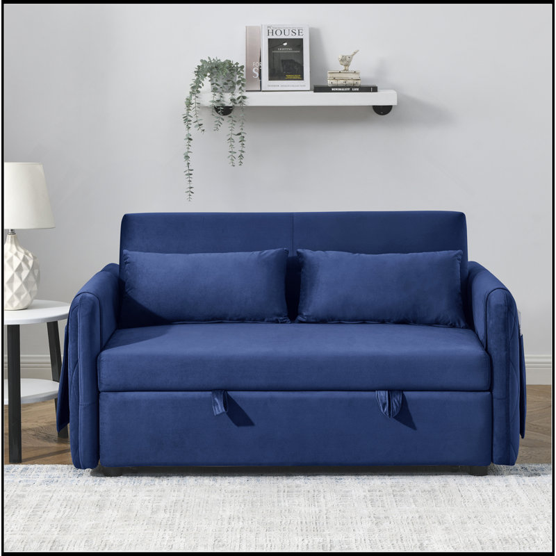 Canapé-lit moderne convertible de 55 po avec 2 poches pour accoudoirs amovibles, canapé-lit en velours avec lit escamotable, 2 coussins et dossier réglable pour le salon, accoudoirs à motif quadrillé