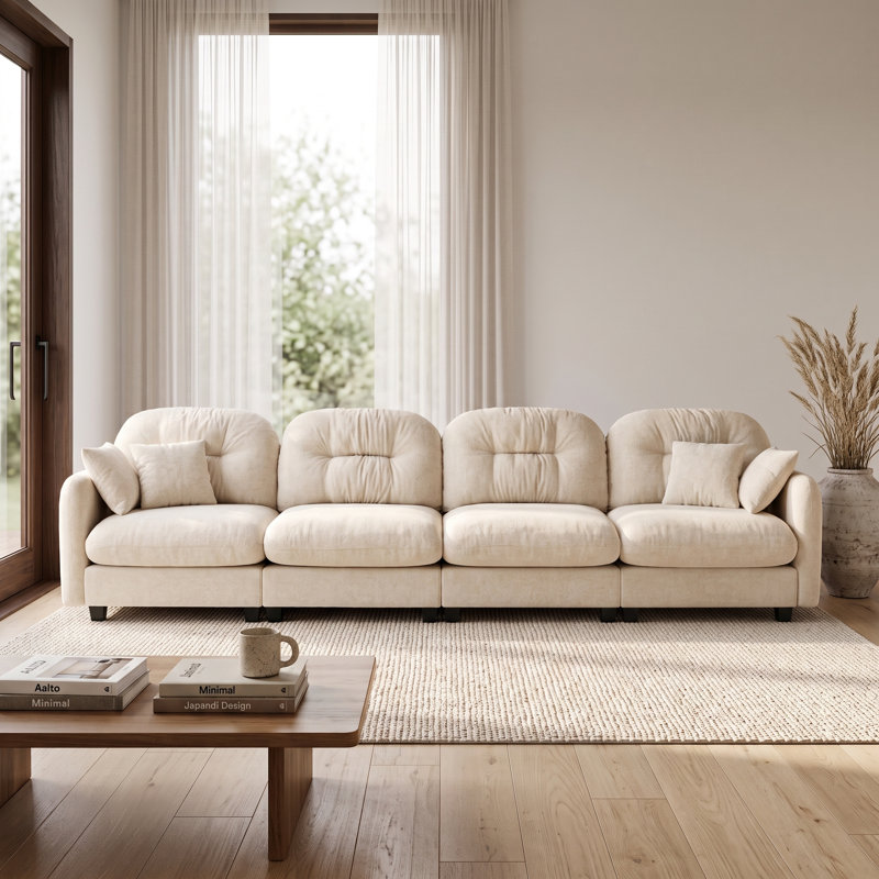 Canapé modulaire minimaliste en chenille plissée, 4 places, beige, pour salon, 4 sièges