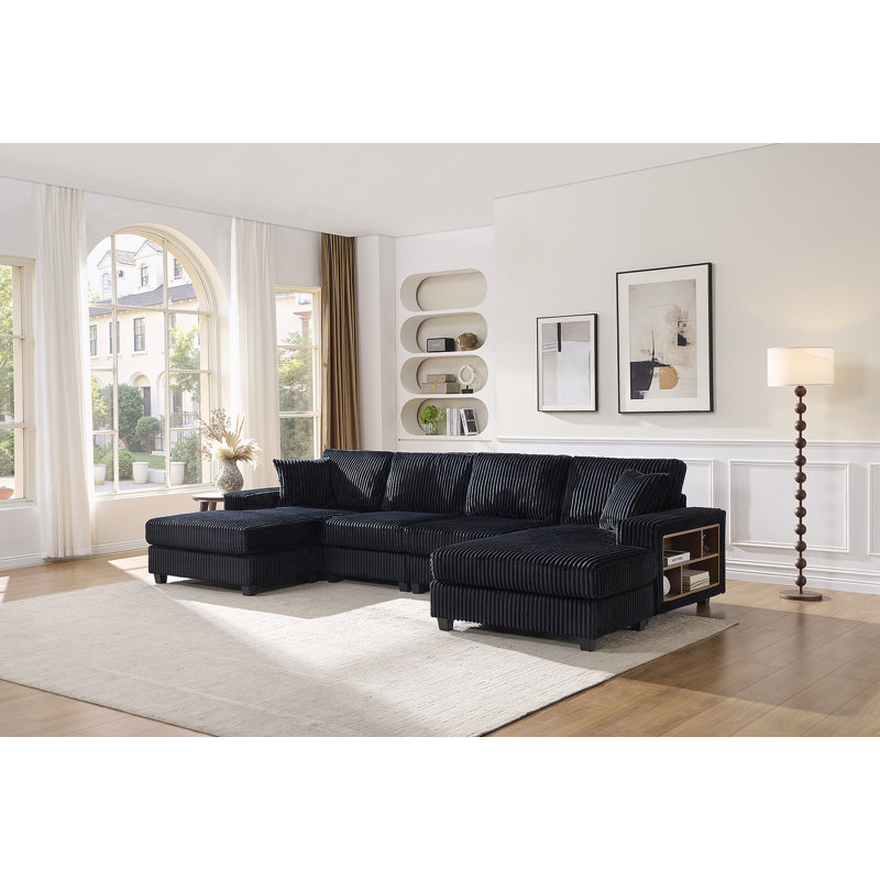 Canapé convertible en forme de U avec tissu velours côtelé, offrant confort moderne et fonctionnalité pour la détente du salon