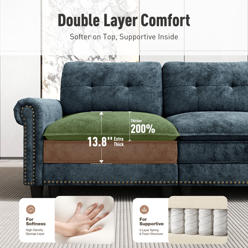 88" Modular Sectional Loveseat Couches With Nailhead Trim, 2-seater Deep Seat Sofa With Throw Pillow, Cyan Chenille