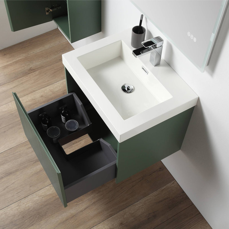 Meuble-lavabo flottant avec lavabo mural en bois avec dessus en acrylique, façade cannelée, porte à fermeture en douceur et rangement moderne Luziano