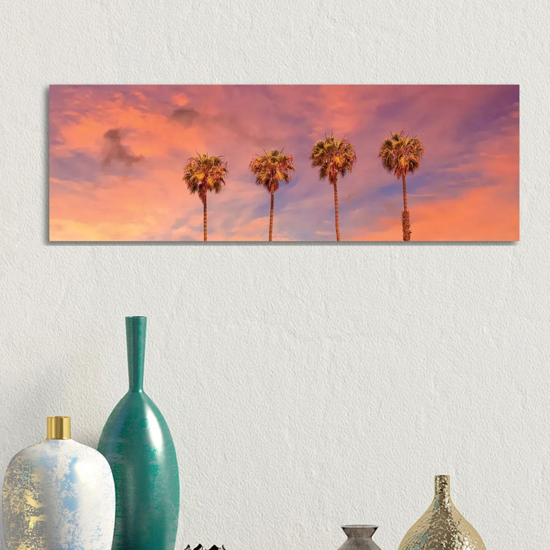 Palm Trees Sunset by Melanie Viola - Panoramic Print on Canvas, 30.48cm H x 91.44cm W x 3.81cm D, Wrapped Canvas
