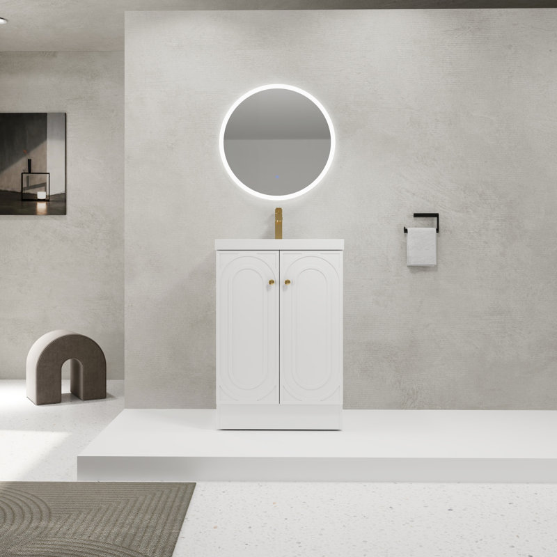 Meuble-lavabo autoportant avec lavabo en résine et 2 portes d'armoire à fermeture en douceur (emballage KD), meuble-lavabo