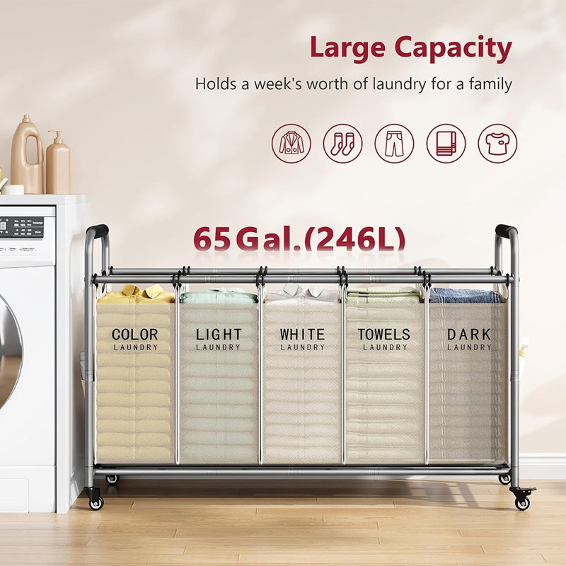 Five Section Rolling Laundry Sorter with Wheels, Large Clothes Hamper with Removable Bags, Laundry Organizer, Beige