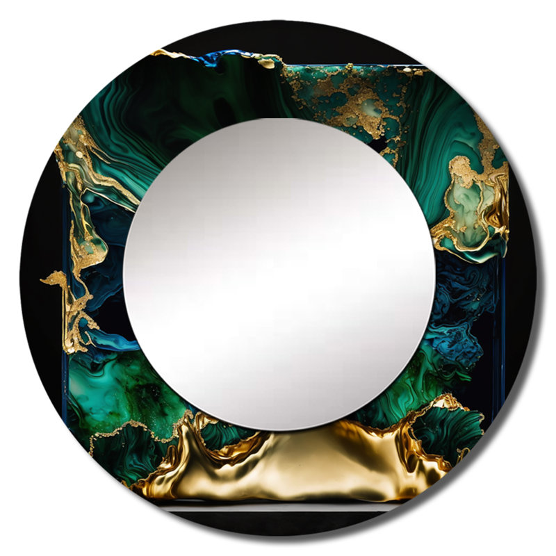Qamari abstrait géode marbre vert et bleu I - miroir en marbre, miroir mural rond vert unique, impression sur métal
