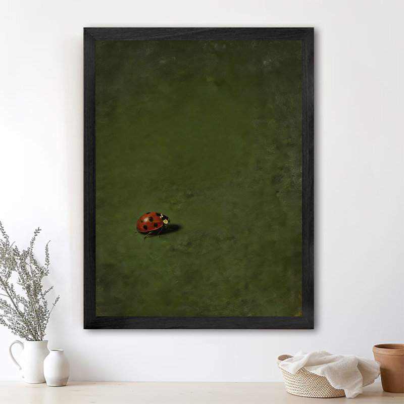 Reproduction d'art encadrée noire coccinelles rétro dans la verdure, H 11 po x l 9 po