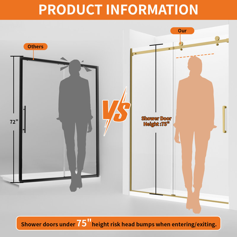 Porte de douche coulissante simple sans cadre de 56 à 60 po x H 76 po avec rail supérieur réglable en largeur, 5/16 po (8 mm) en verre trempé certifié ANSI et SGCC, or brossé
