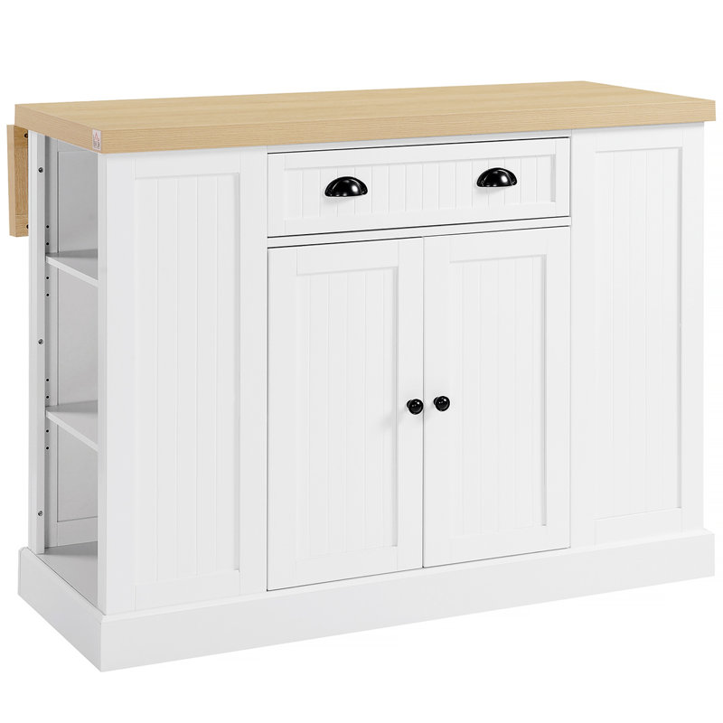 47" Fluted-Style Wooden Kitchen Island, Kitchen Countertop Storage Cabinet With Drop Leaf, Drawer, Open Shelves, Storage