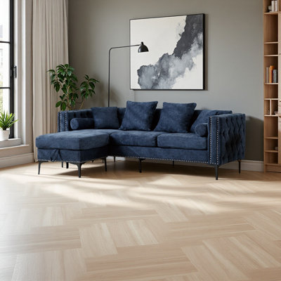 Canapé modulaire en L, repose-pieds convertible avec rangement, accoudoir carré, canapé capitonné moderne, 3 places et tête de clou