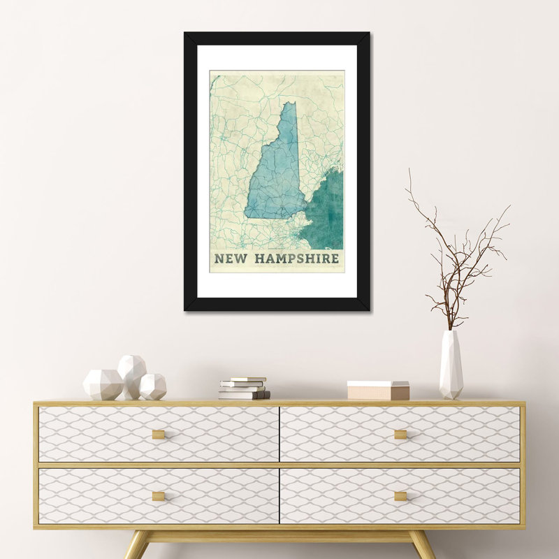 «New Hampshire Map», impression sur toile, H 24 po x l 16 po x P 1 po, Papier d'art encadré noir, Blanc