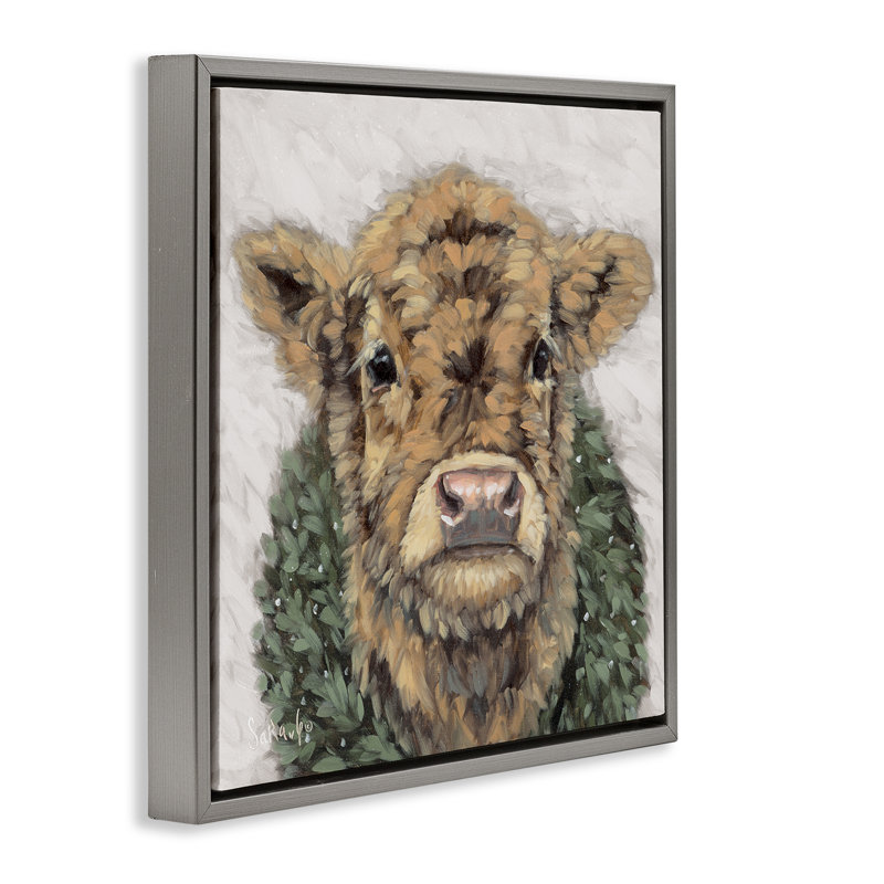 Veau avec couronne de vacances, estampe numérique encadrée par Sara G Designs, H 25 po x l 25 po, Cadre flottant gris lustré