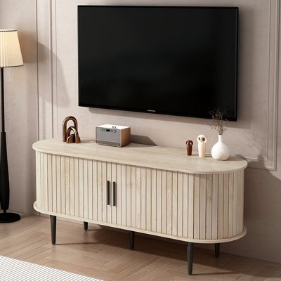 Meuble télé, console de télévision moderne de 47 po avec compartiment de rangement et porte coulissante, centre de divertissement pour jeux vidéo avec armoire pour salon, chambre à coucher, bureau