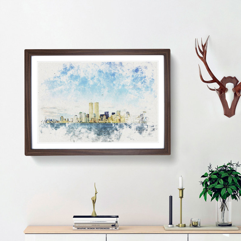 New York Skyline with the Twin Towers - Picture Frame Graphic Art Print, Walnut Framed, 33cm H x 45cm W x 2cm D