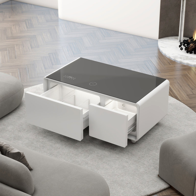 Table basse moderne et intelligente avec réfrigérateur intégré, haut-parleur Bluetooth, chargement sans fil, panneau de commande tactile, ports USB, protection pour prise de courant, lumière d'ambiance, brun