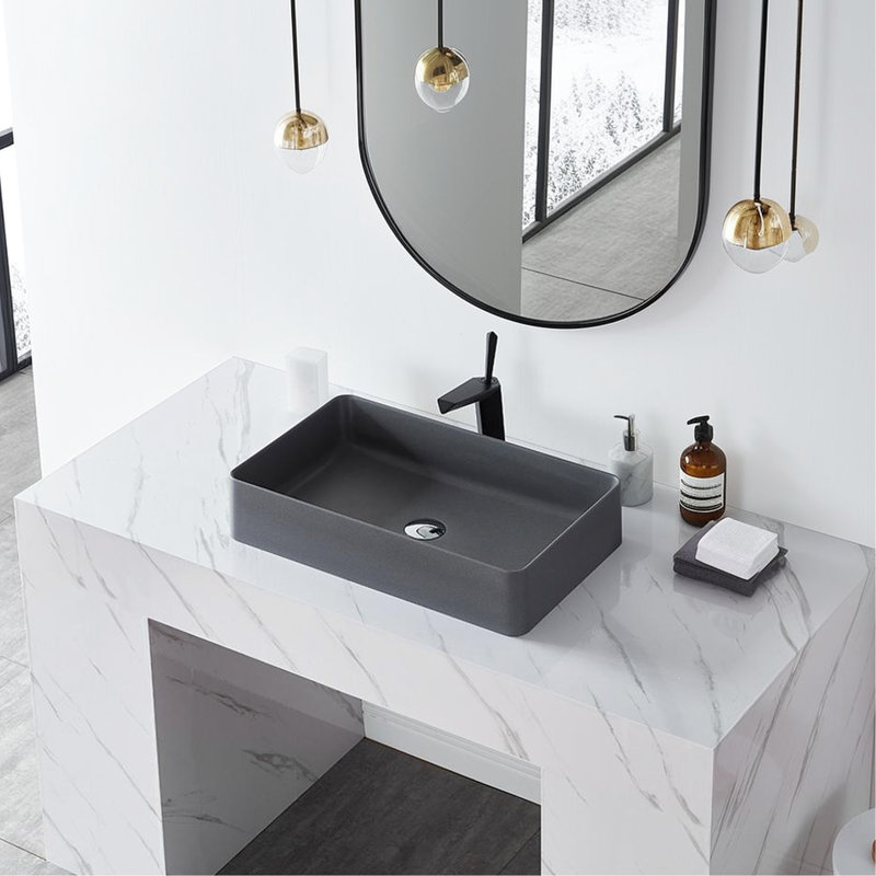 Lavabo vasque de salle de bain en quartz - gris mat, 20,1 po x 14,4 po x 4,8 po, résistance aux dommages, pierre grise luxueuse, longueur 20,1 po x largeur 14,4 po, hauteur 4,8 po, bonde escamotable incluse
