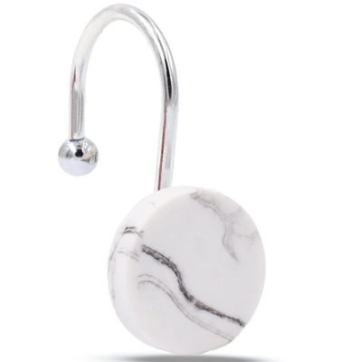 Shower Curtain Hooks Decorative, White Shower Curtain Hooks Rust Proof, Set Of 12 Stainless Steel Shower Curtain Hooks Rings, Shower Curtain Hangers For Bathroom Curtains Rods (White Marble)
