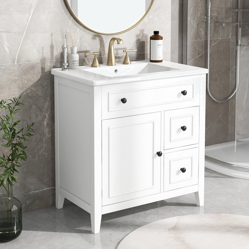 30'' Free Standing Single Bathroom Vanity with Ceramic Top and Storage Cabinet, White, Black