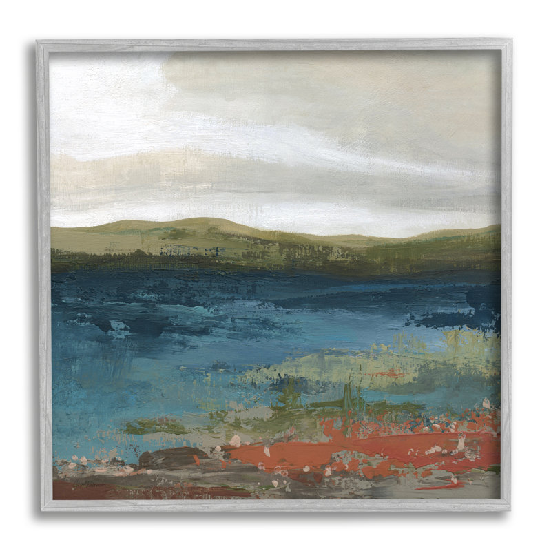 Étang, rivage vert, paysage montagneux moderne, estampe numérique, art texturé par Carol Robinson