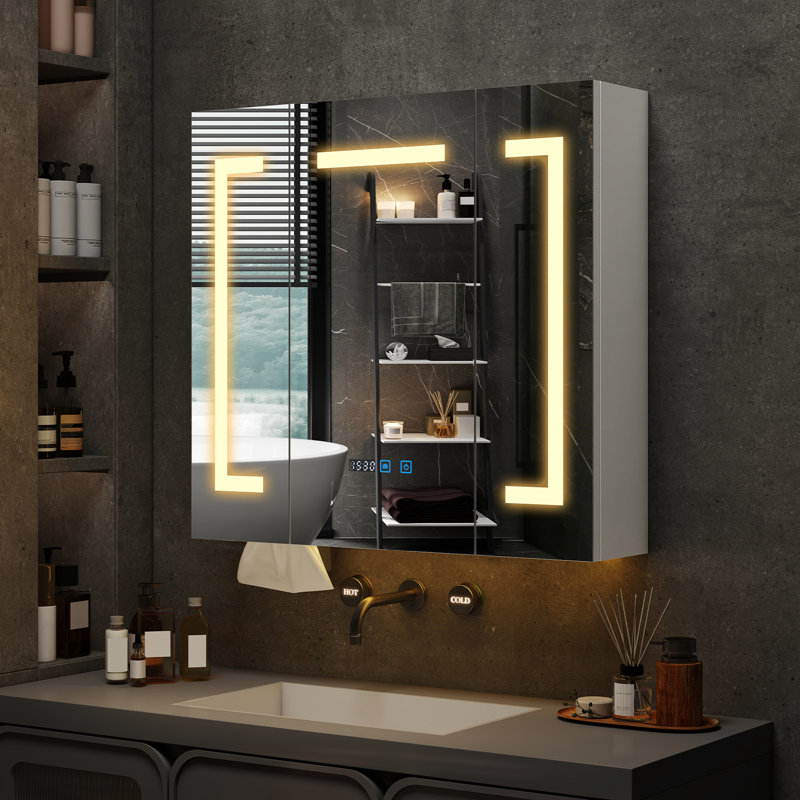 70x75mm LED Bathroom Mirror Cabinet with Charging and Light, Storage Cupboard with Tissue Slot