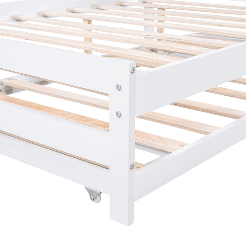 White Size Platform Bed With Adjustable Trundle - Made From Pine And Materials Full Crafted Wood, White