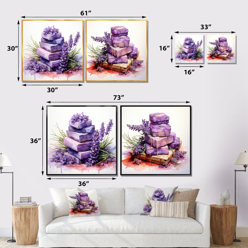 Mauve lavande Batjhroom I - ensemble de 2 décorations murales lavande, Toile tendue, H 16 po x l 33 po x P 1 po