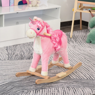 Chevaux et animaux berçants roses en peluche et en bois, 11,5 x 5,1 x 9,6 po, avec des détails en bois massif