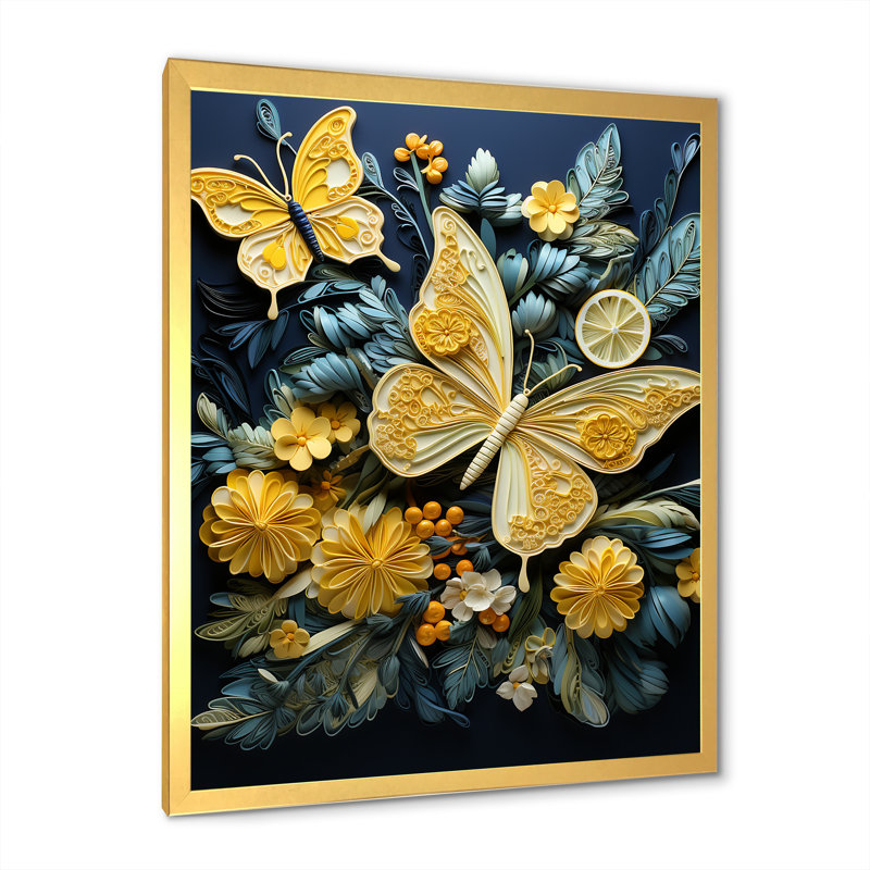 Délice de papillon jaune citron sur toile, Cadre doré simple, H 40 po x l 30 po x P 1,5 po