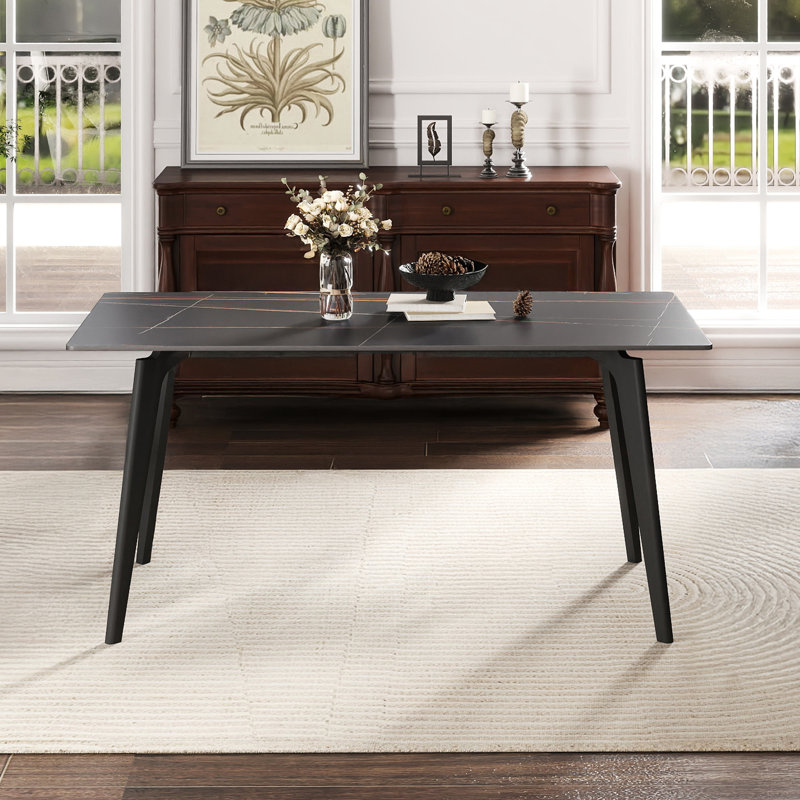 Table de salle à manger rectangulaire en pierre frittée 62,36 ", conception moderne, pieds en métal noir, stable, ignifuge, sans odeur, peut accueillir 6 personnes, teint, facile à nettoyer