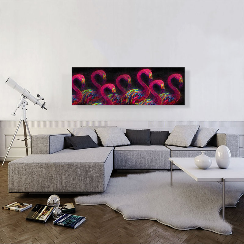 Flamants roses en marche, reproduction d'art sur toile tendue, H 16 po x l 48 po x 1,5 po