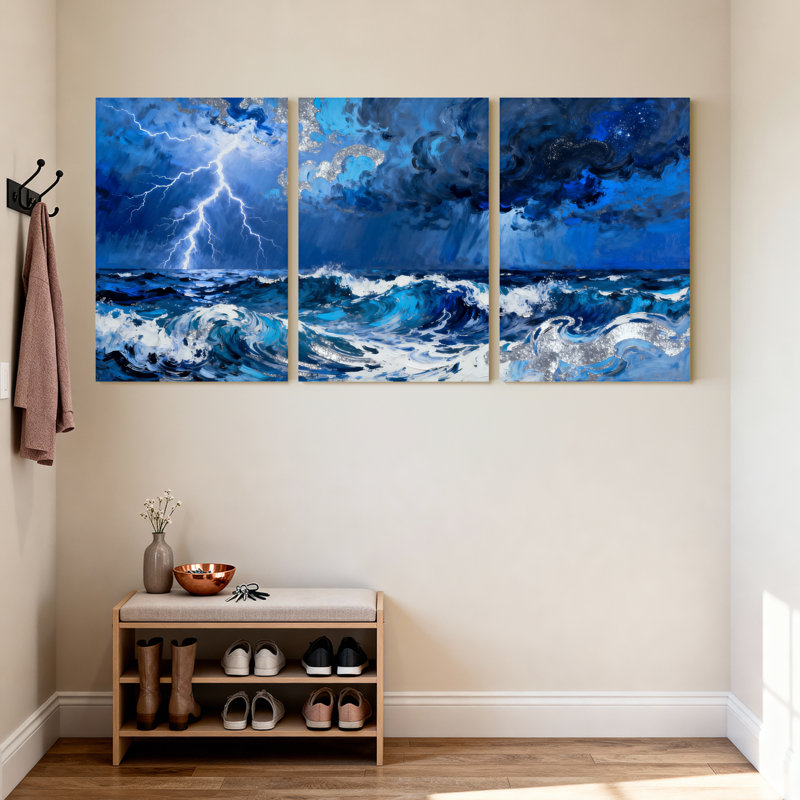 Nautique et plage, vagues de l'océan orageux, éclair de ciel, ensemble de 3 impressions, H 18 po x l 36 po