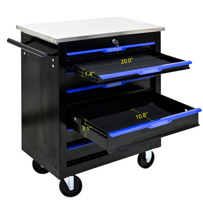 7 Drawers Portable Workshop Trolley - Black+Blue, Steel Frame, Lockable Boxes, Stainless Countertops, 4" With Stopping 7 Movable Cabinet Box Black Blue, Construction, Key Drawers, 2 Brake
