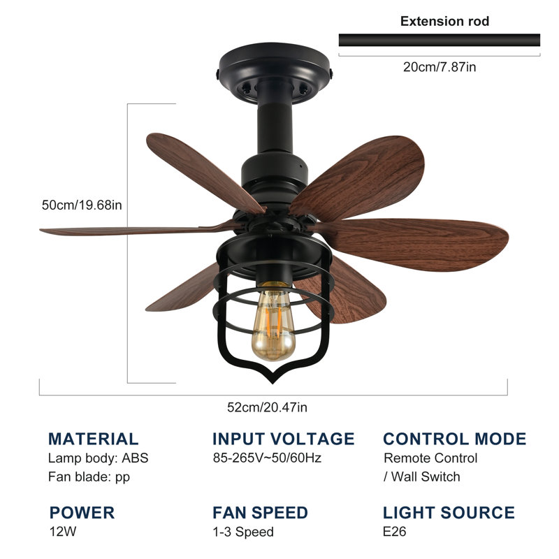 20" Farmhouse Socket Ceiling Fan With Light Kits And Remote Control
