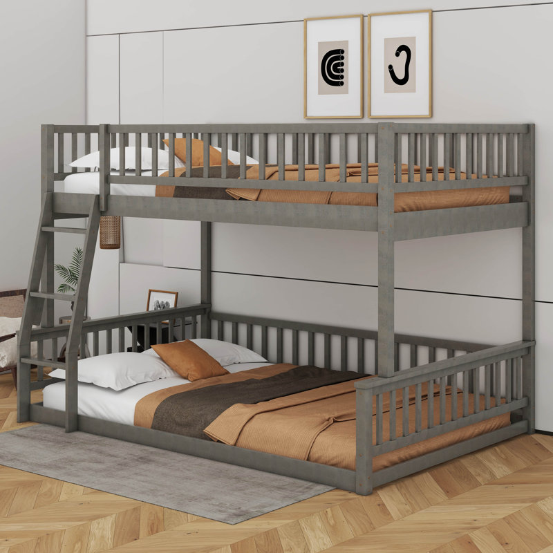 Full XL Over Queen Bunk Bed With Guardrails, Gray