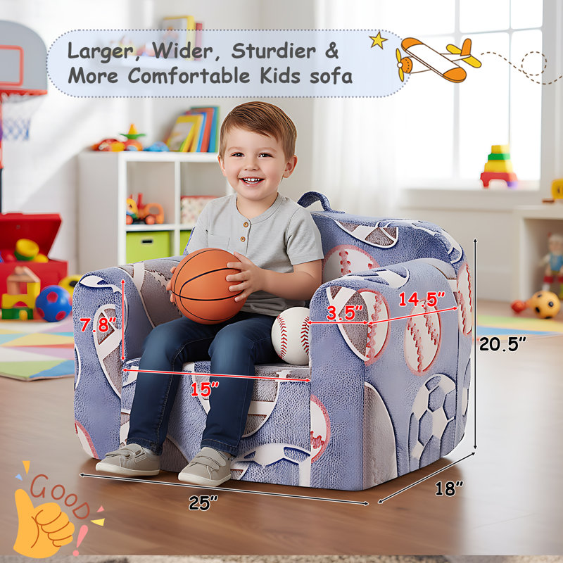 Kids Sofa Toddler Chair, Children Couch With Side Pockets, Ball