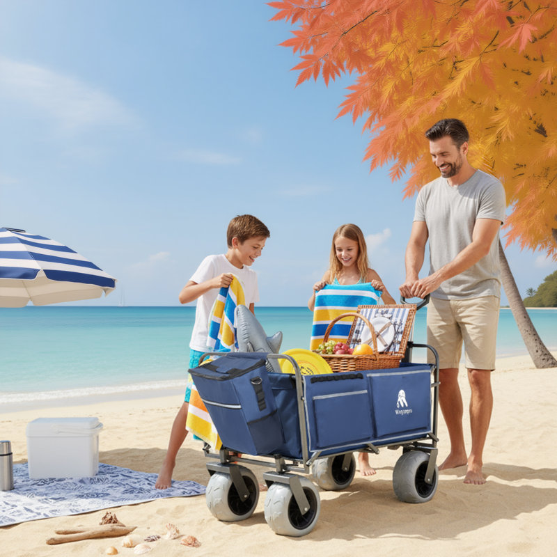 Chariot de plage pour le sable, capacité de 500 lb, chariot tout terrain à structure en acier avec pneus pneumatiques de 9 po, conception pliable pliable, bleu foncé