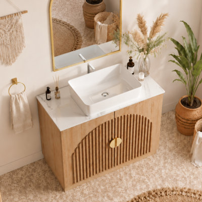 Meuble-lavabo autoportant de 36 pouces, finition noyer foncé avec portes d'armoire verticales arquées, comptoir en pierre frittée, vasque rectangulaire en céramique, quincaillerie dorée et tablette de rangement amovible, armoire de salle de bain Mid-Century Boho