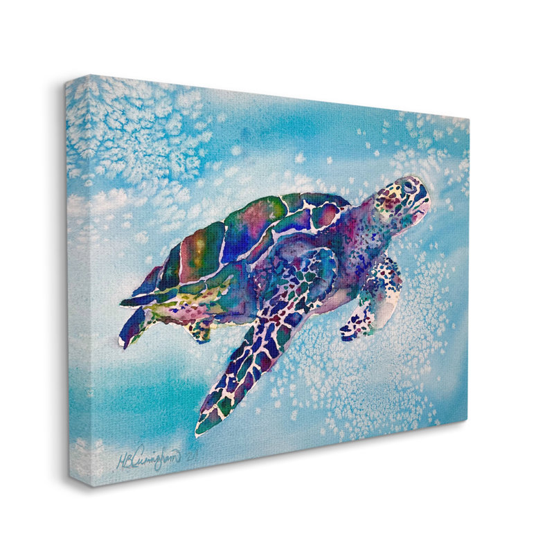 Belle tortue de mer nageant dans l'eau tachetée éclaboussant par MB Cunningham - Peinture, Toile tendue