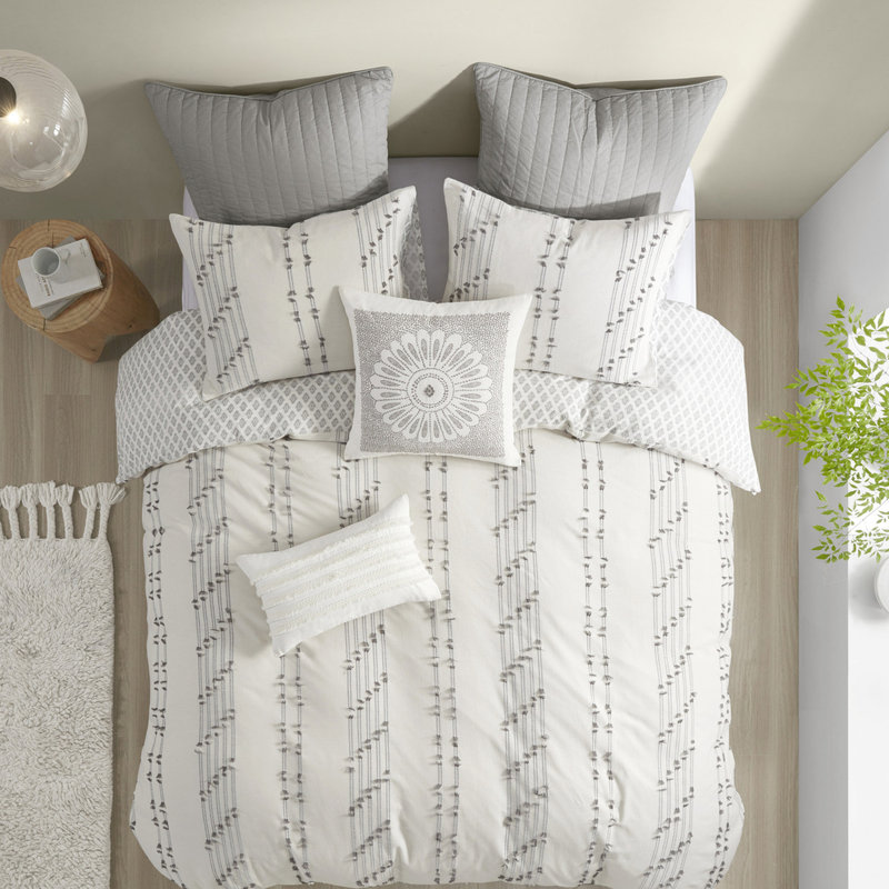 Housse de couette 3 pièces en coton double / grand - rayures grises, revers, 2 taies décoratives, lavable à la machine, base avec motif inversé, fermeture à boutons, lavable