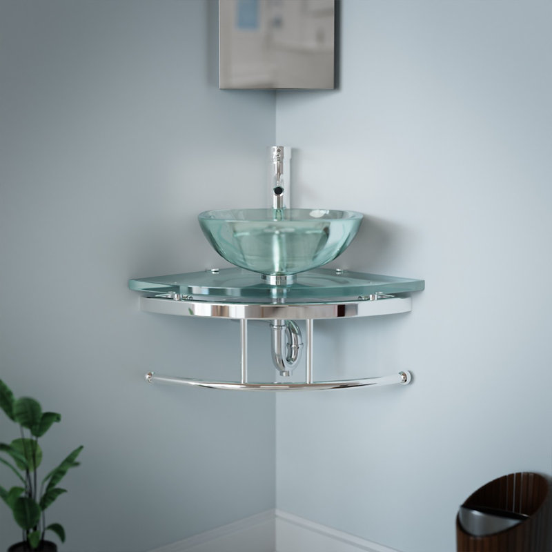 Talula 25" Corner Glass Wall Mounted Square Vessel Bathroom Sink with Faucet