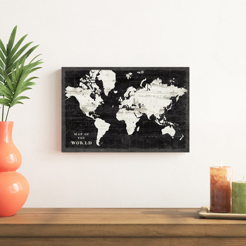 Carte du monde noire, H 12 po x l 18 po