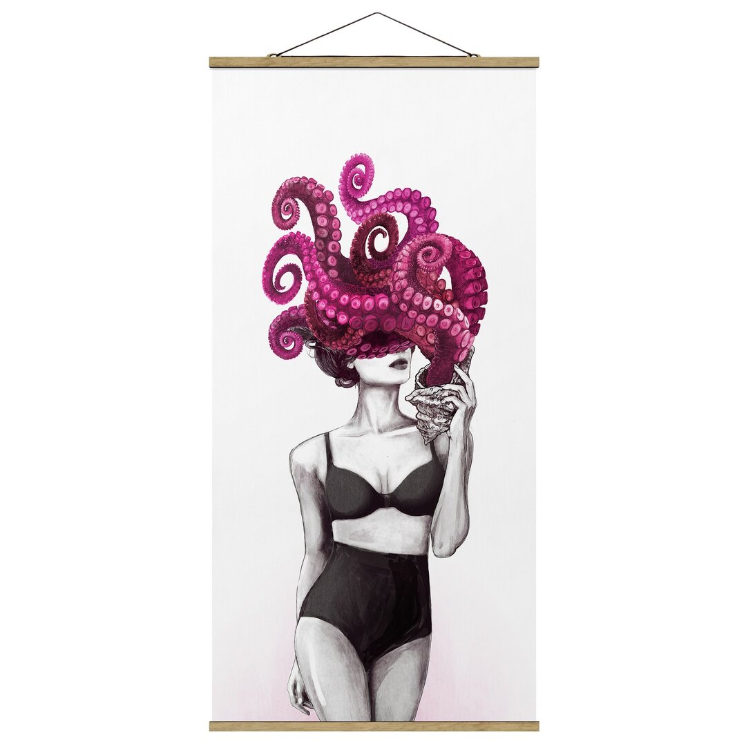 Stoffbild Mit Posterleisten - Laura Graves - Illustration Frau In Unterwäsche Schwarz Weiß Oktopus - Hochformat 2:1