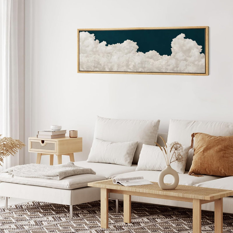 Serene Cloudscape, nuages blancs sur un ciel bleu profond, rétro, illustrations d'art, décor, H 20 po x l 60 po, Naturel