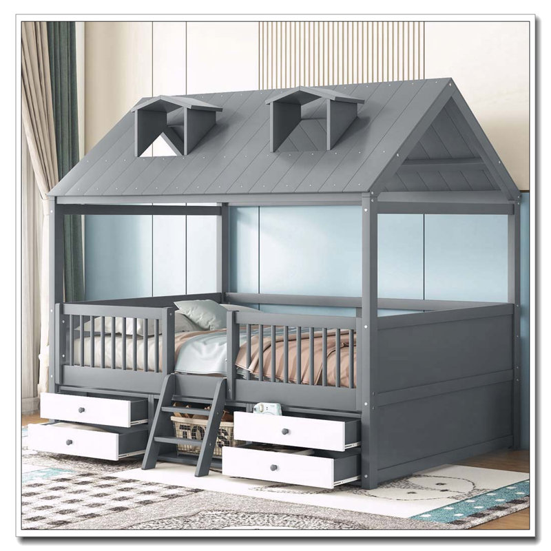 Structure de lit double en bois, Gris