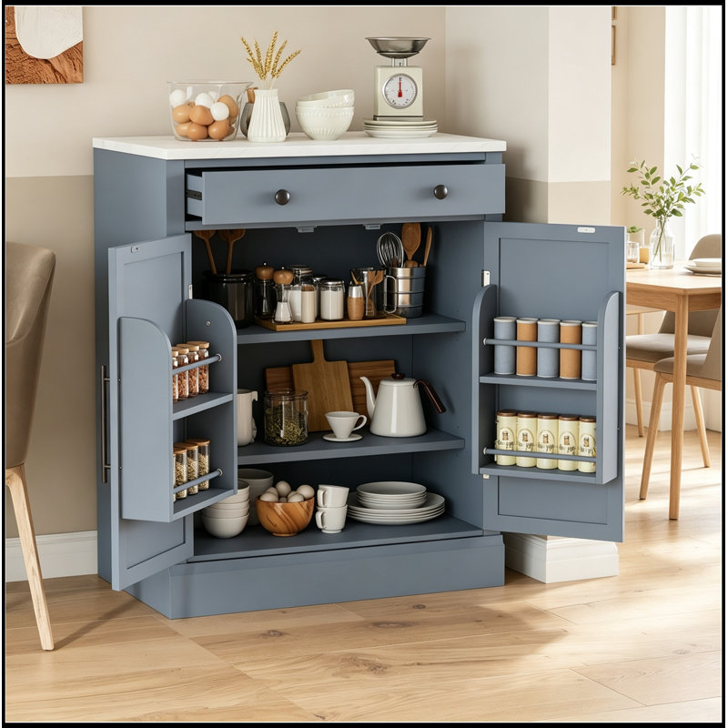 Garde-manger avec tiroir, 2 tablettes réglables et 2 tablettes de porte, Gris