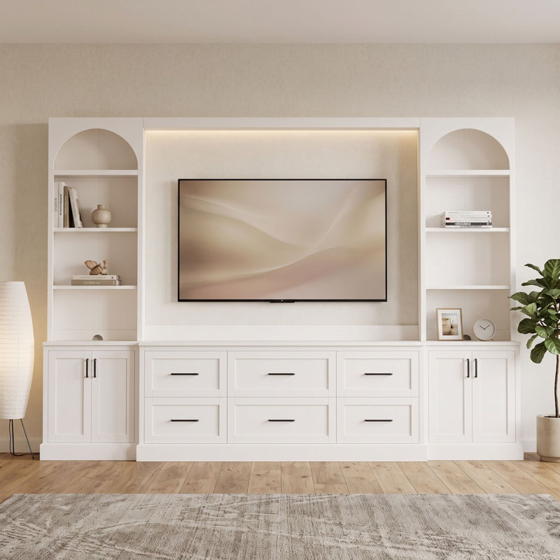 Meuble audio-vidéo moderne avec 6 tiroirs, 2 armoires, tablettes réglables et système de gestion des câbles, Blanc